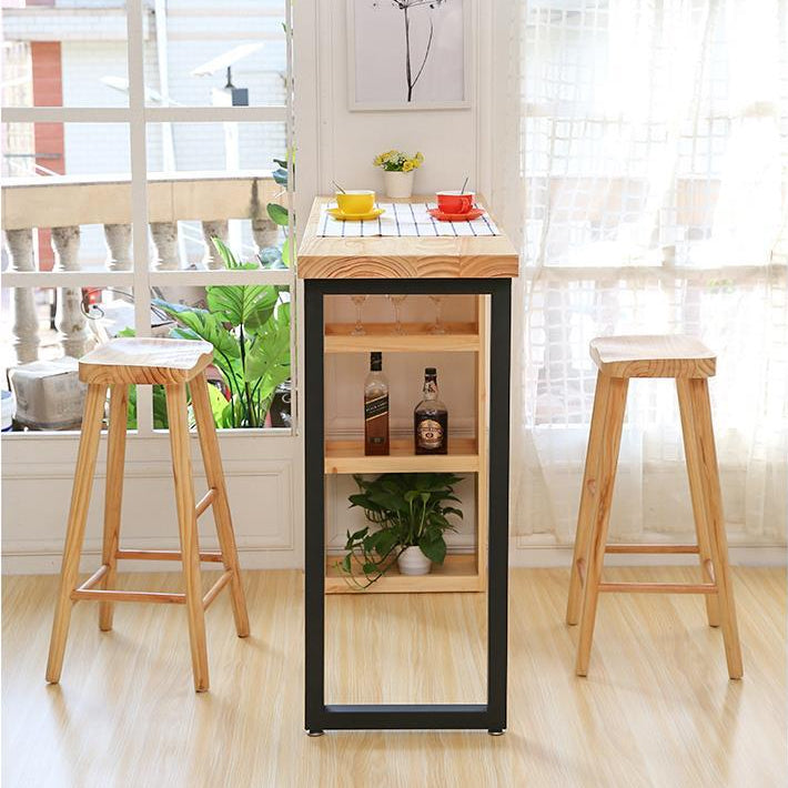 Industrial Pine Wood Bar Dining Table Rectangle Indoor Bistro Table with Shelf