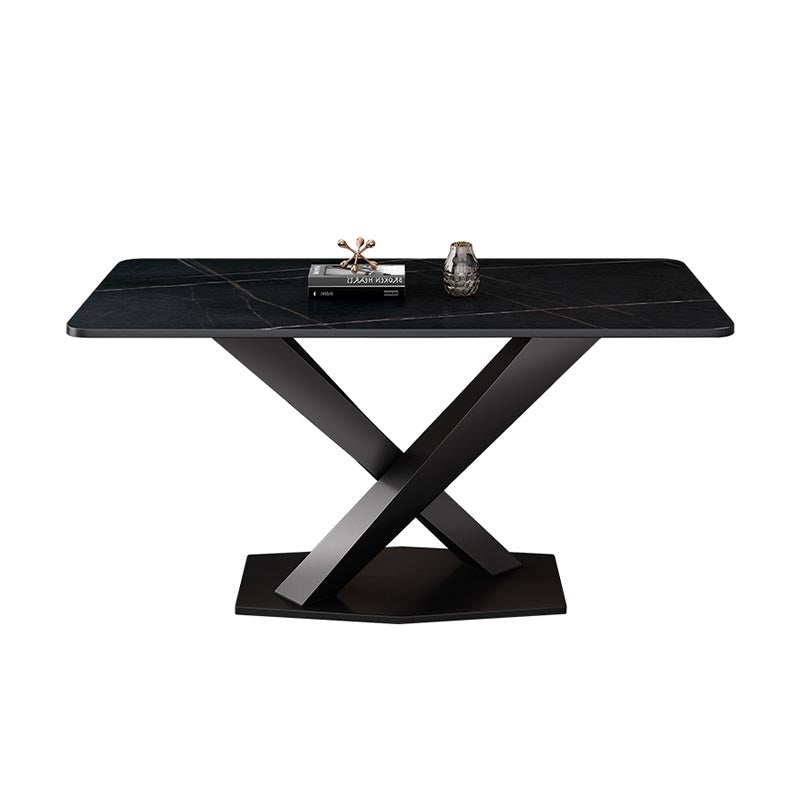 Table industrielle en pierre frittée pour table de cuisine rectangulaire de restaurant avec piédestal noir
