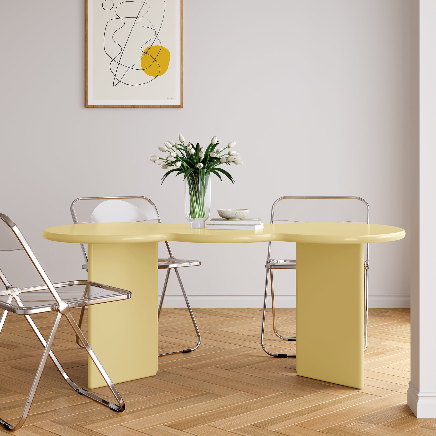 Free Form Solid Wood Dining Table Double Pedestal Furniture in Matte Finish