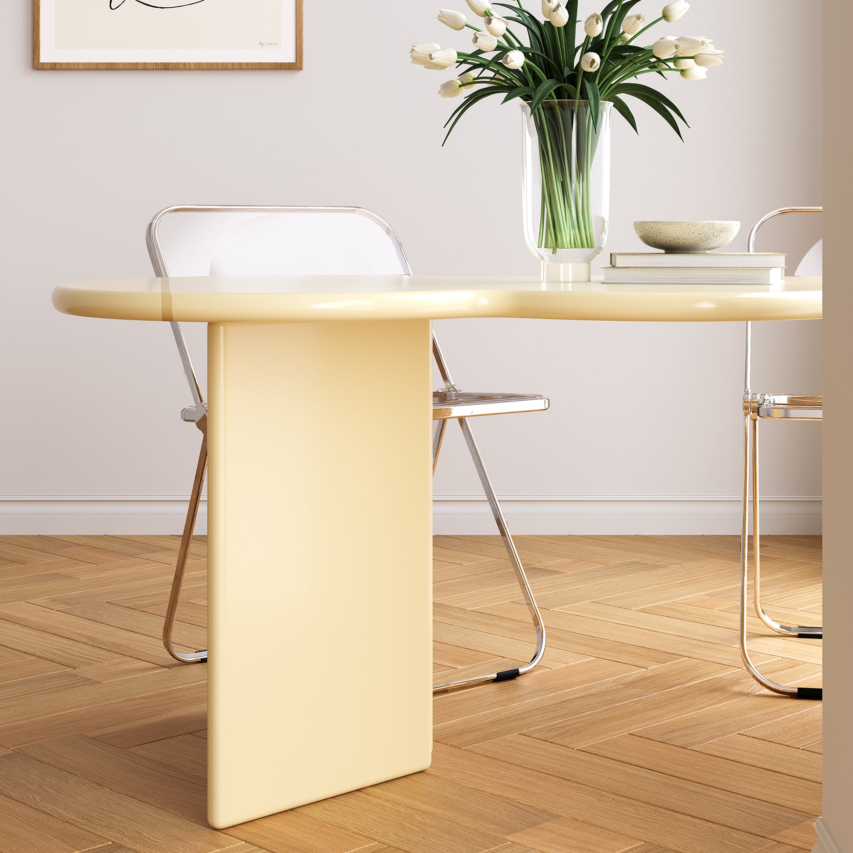 Free Form Solid Wood Dining Table Double Pedestal Furniture in Matte Finish