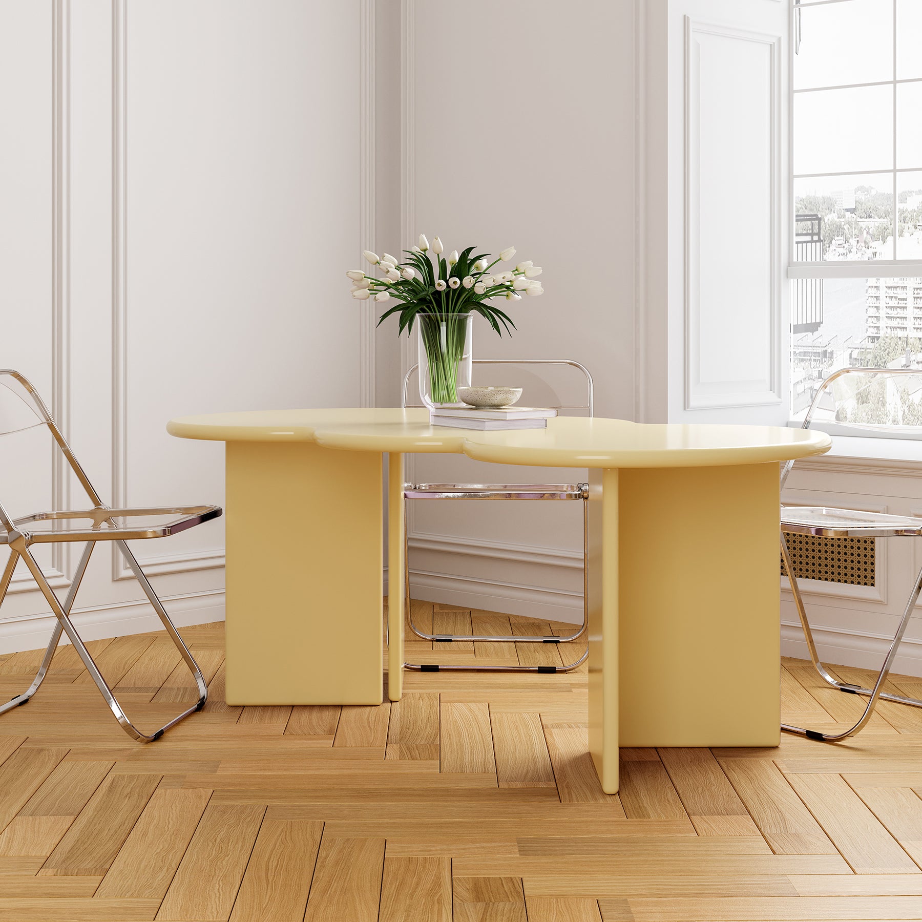 Free Form Solid Wood Dining Table Double Pedestal Furniture in Matte Finish