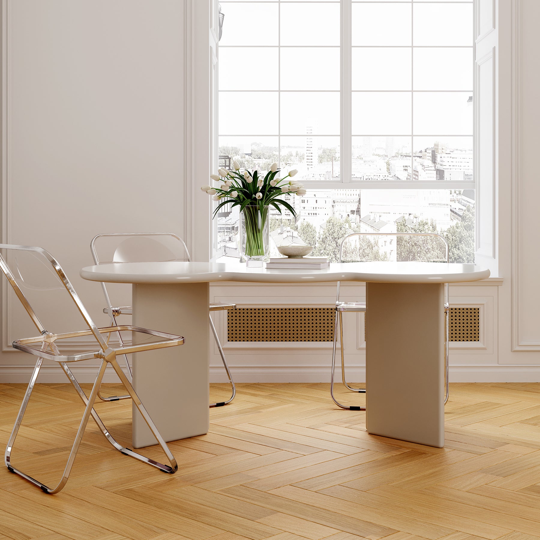 Free Form Solid Wood Dining Table Double Pedestal Furniture in Matte Finish