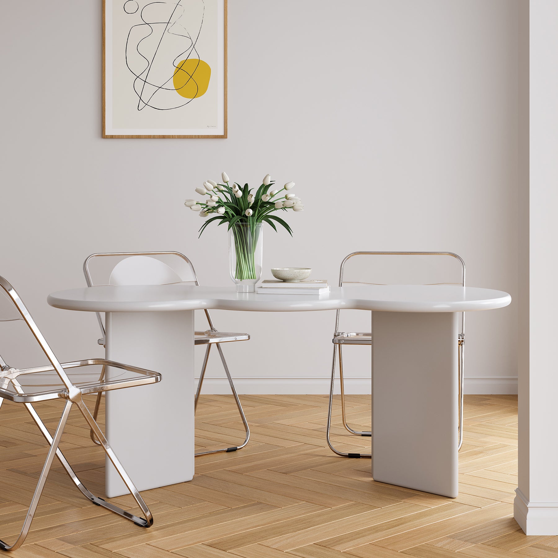 Free Form Solid Wood Dining Table Double Pedestal Furniture in Matte Finish