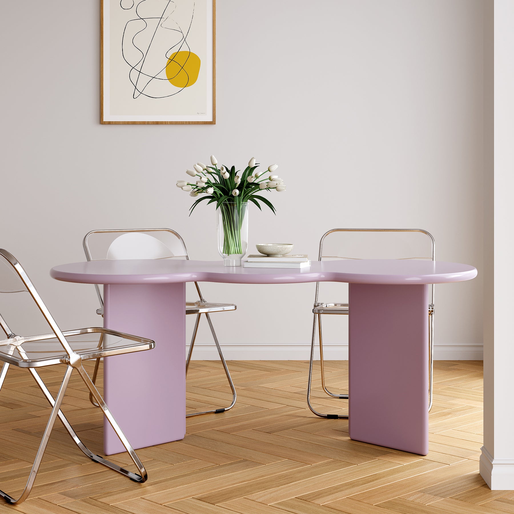Free Form Solid Wood Dining Table Double Pedestal Furniture in Matte Finish