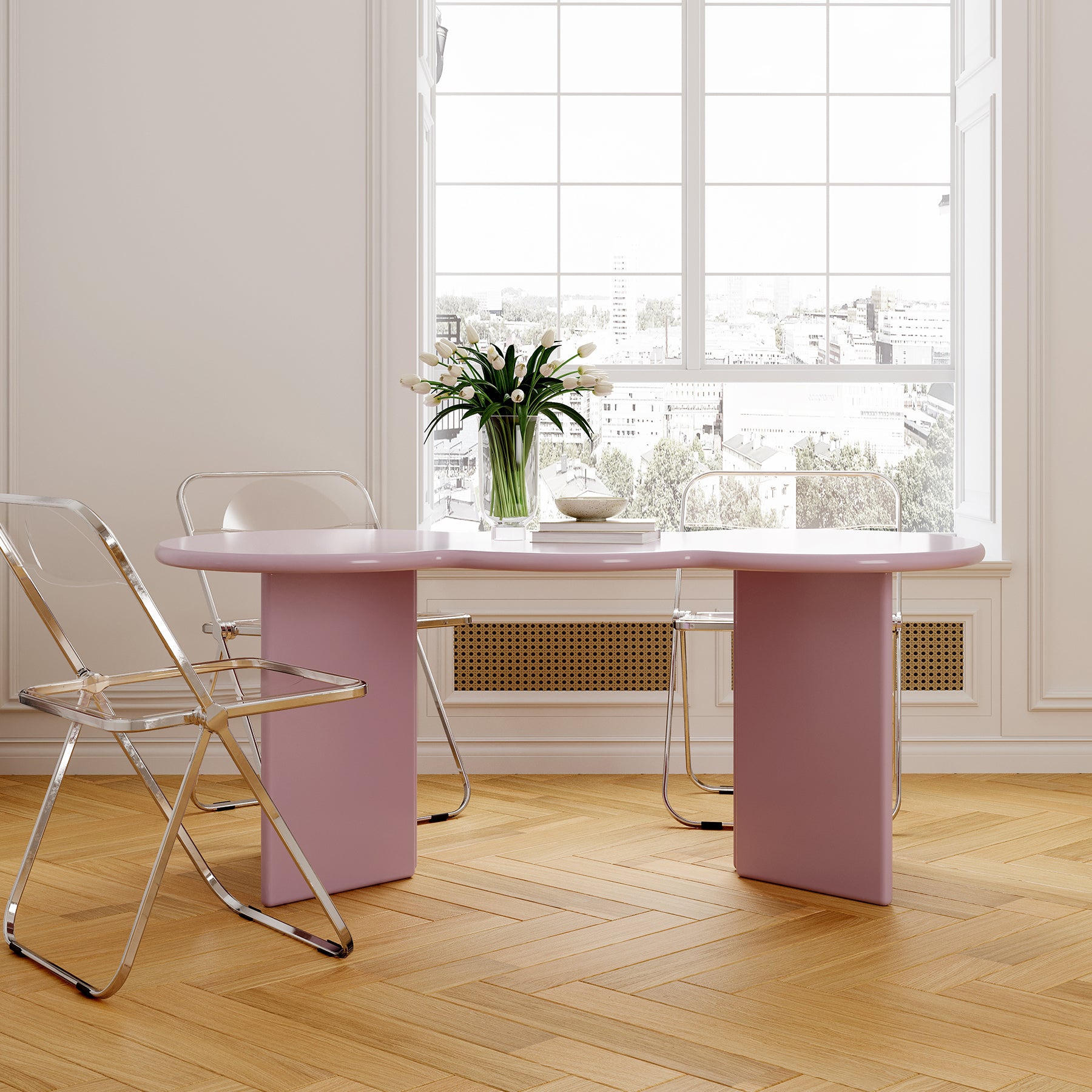 Free Form Solid Wood Dining Table Double Pedestal Furniture in Matte Finish