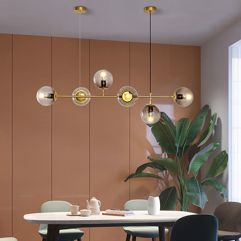 Gold Metal Island Light Modern 6-Head Restaurant Hanging Lamps with Globe Glass Shade
