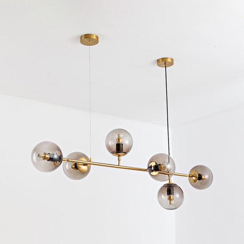 Gold Metal Island Light Modern 6-Head Restaurant Hanging Lamps with Globe Glass Shade