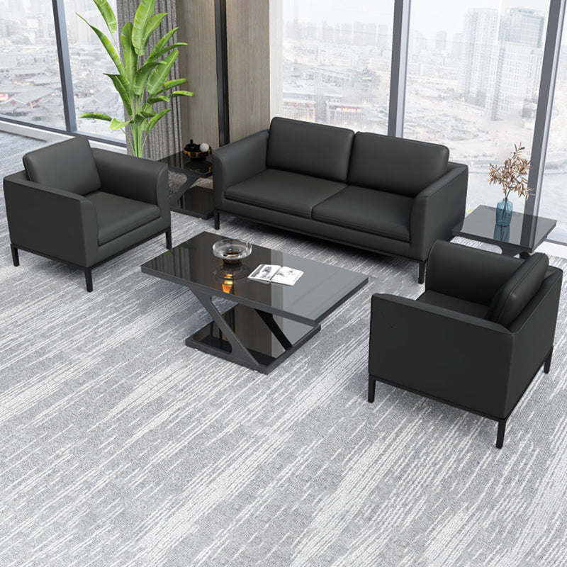 Square Arm Settee Stain-Resistant Leather Couch in Black/Grey