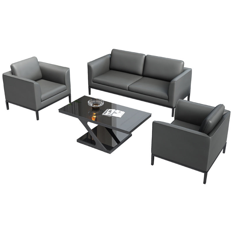 Square Arm Settee Stain-Resistant Leather Couch in Black/Grey