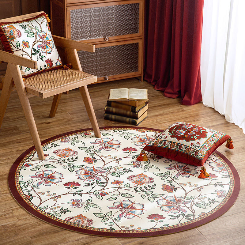 Red Vintage Area Rug PU Flower Indoor Rug Stain Resistant Rug for Living Room