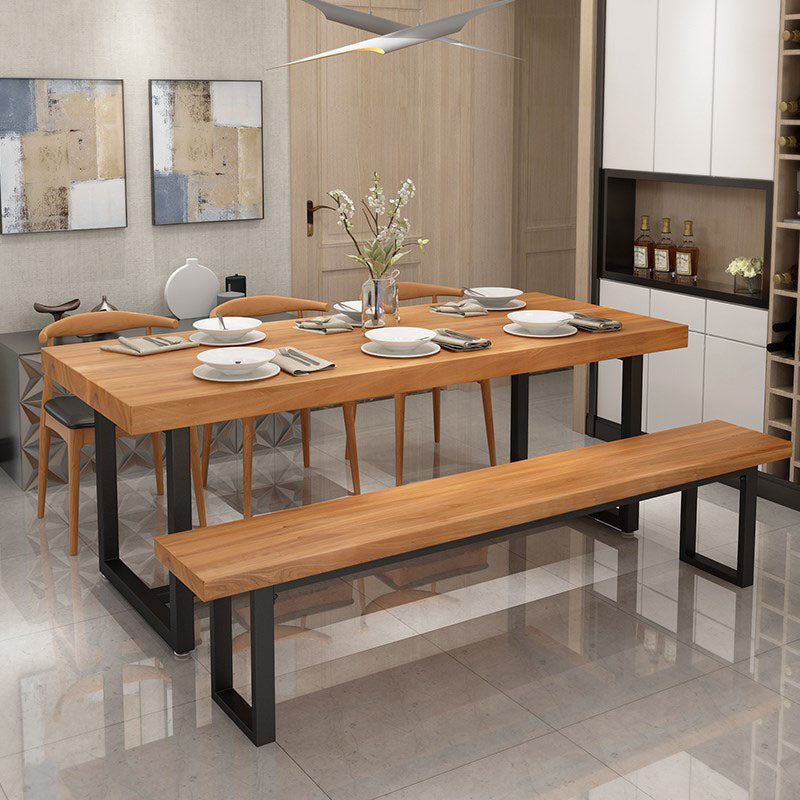 Pine Wood Top Dining Table Industrial Rectangle Table with Trestle Base in Black
