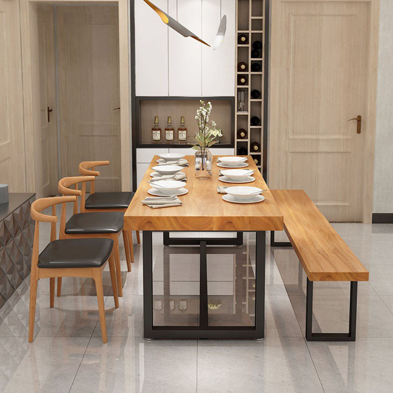Pine Wood Top Dining Table Industrial Rectangle Table with Trestle Base in Black