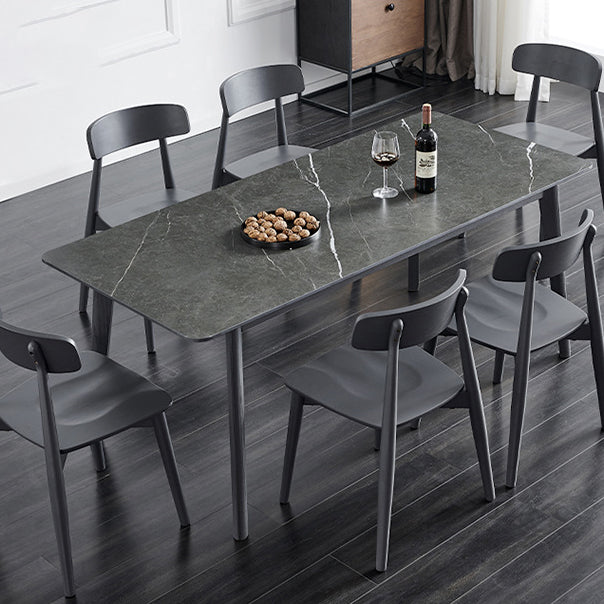 Brown Rectangular Sintered Stone Dining Table Modern Furniture with 4 Legs Wood Base
