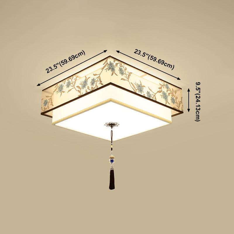 Geometry Shape Ceiling Lamp Tradition Iron Flush Mount with Fabric Lampshade for Hall