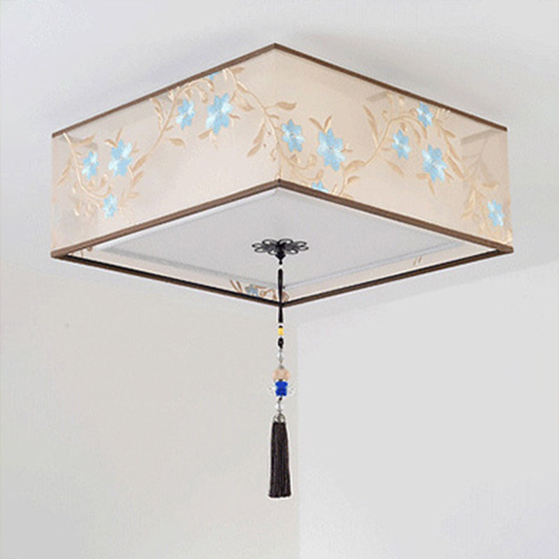 Geometry Shape Ceiling Lamp Tradition Iron Flush Mount with Fabric Lampshade for Hotel