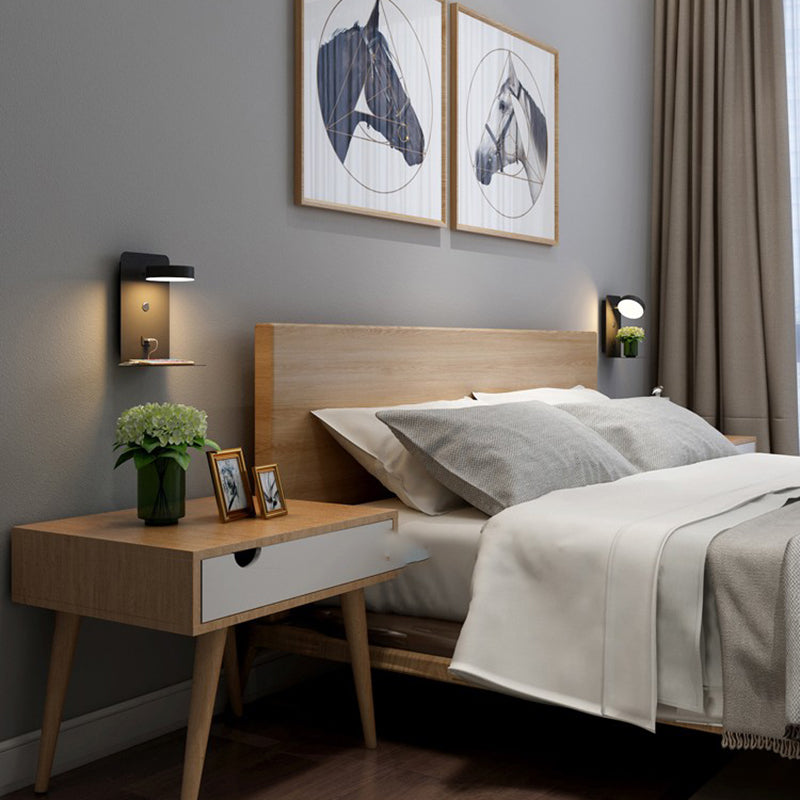 Bedside Reading Wall Light Rotatable Nordic LED Sconce with Shelf and USB Charging Port