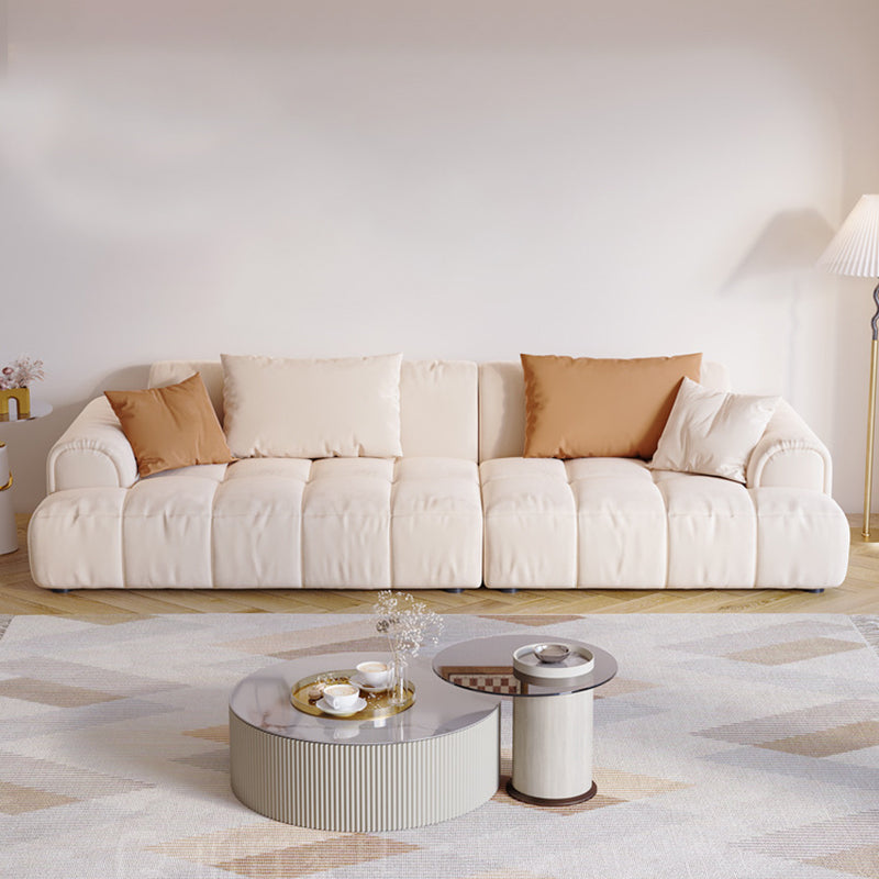Contemporary Beige Round Arm Standard Sofa Tight Back Suede Couch with Pillows