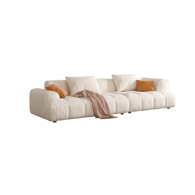 Contemporary Beige Round Arm Standard Sofa Tight Back Suede Couch with Pillows