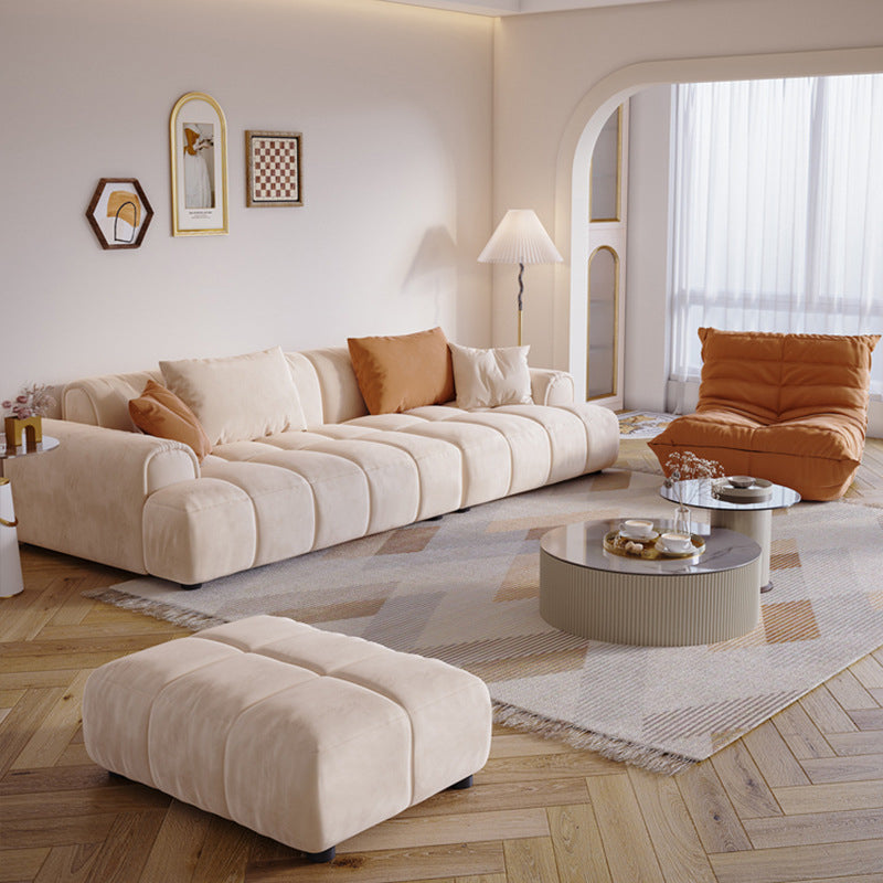 Contemporary Beige Round Arm Standard Sofa Tight Back Suede Couch with Pillows