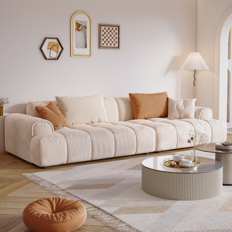 Contemporary Beige Round Arm Standard Sofa Tight Back Suede Couch with Pillows