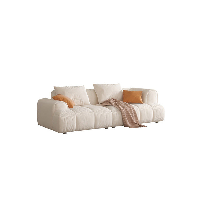 Contemporary Beige Round Arm Standard Sofa Tight Back Suede Couch with Pillows