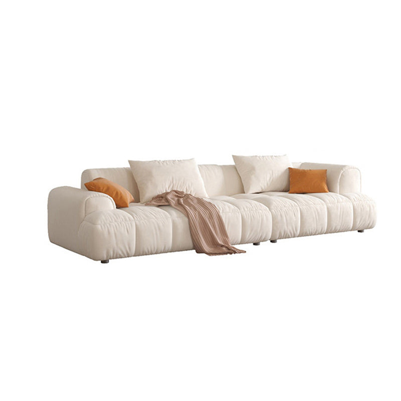 Contemporary Beige Round Arm Standard Sofa Tight Back Suede Couch with Pillows