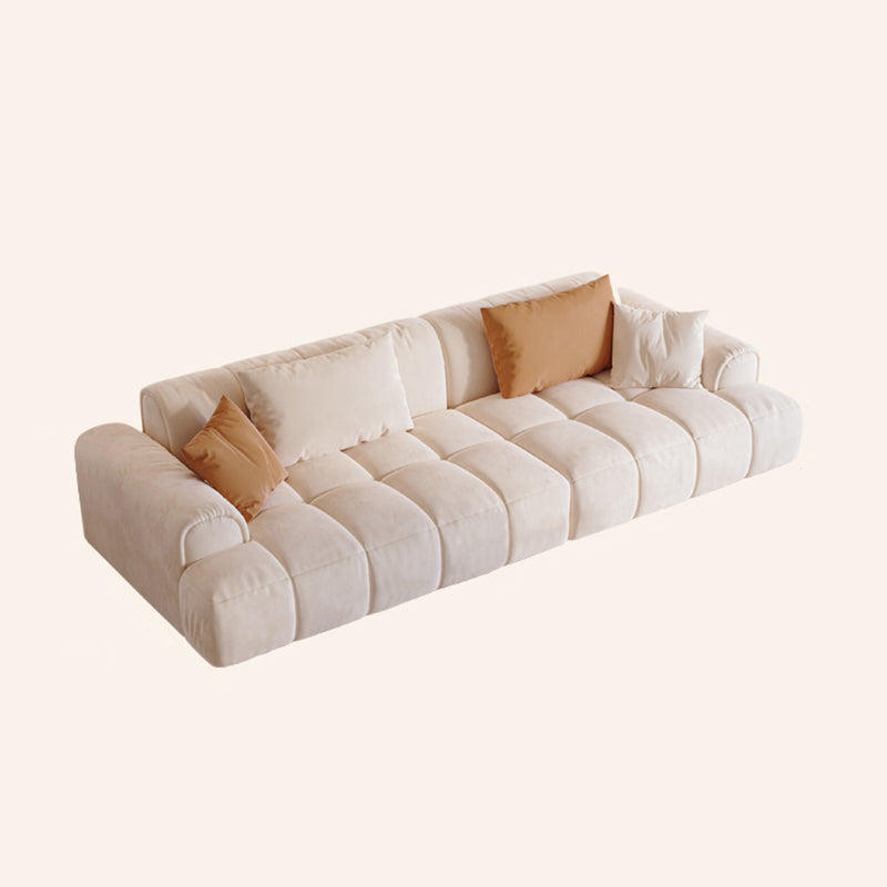 Contemporary Beige Round Arm Standard Sofa Tight Back Suede Couch with Pillows