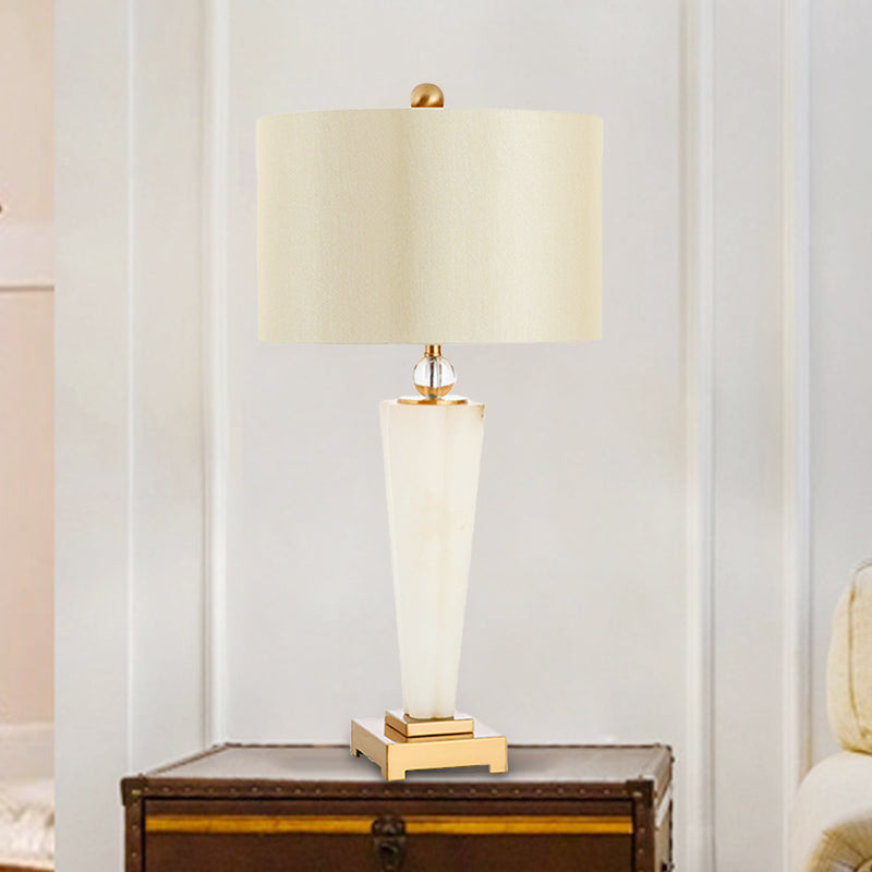Fabric Cylinder Task Lamp Modern 1 Bulb White Desk Light with Square Gold Metal Pedestal
