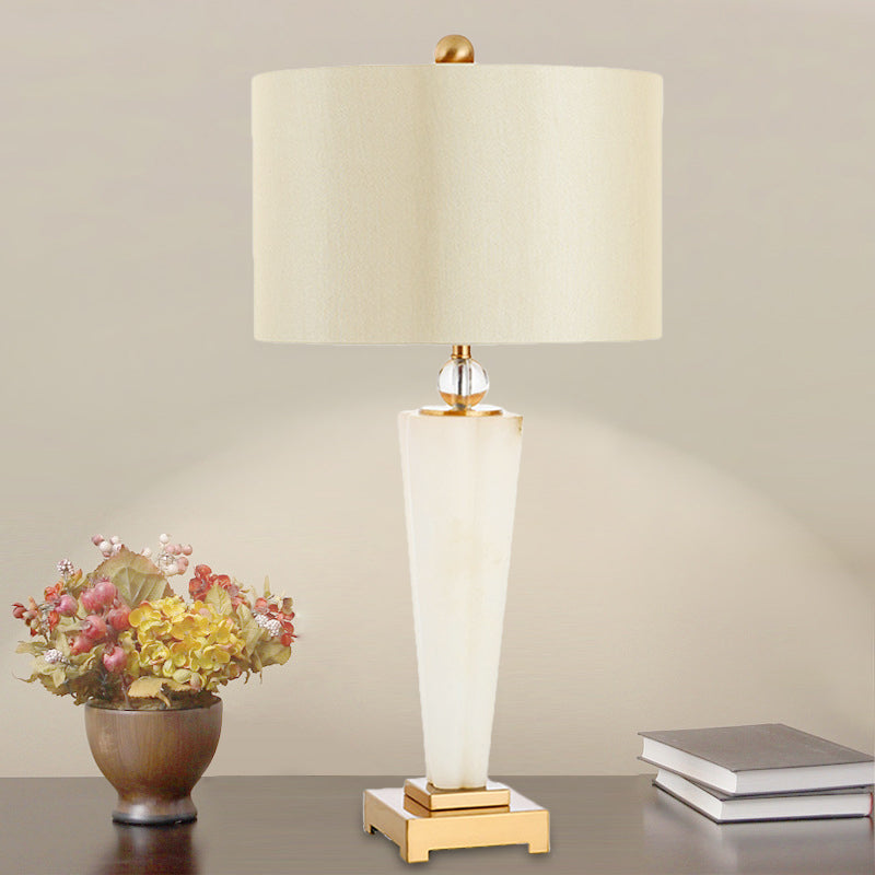 Fabric Cylinder Task Lamp Modern 1 Bulb White Desk Light with Square Gold Metal Pedestal