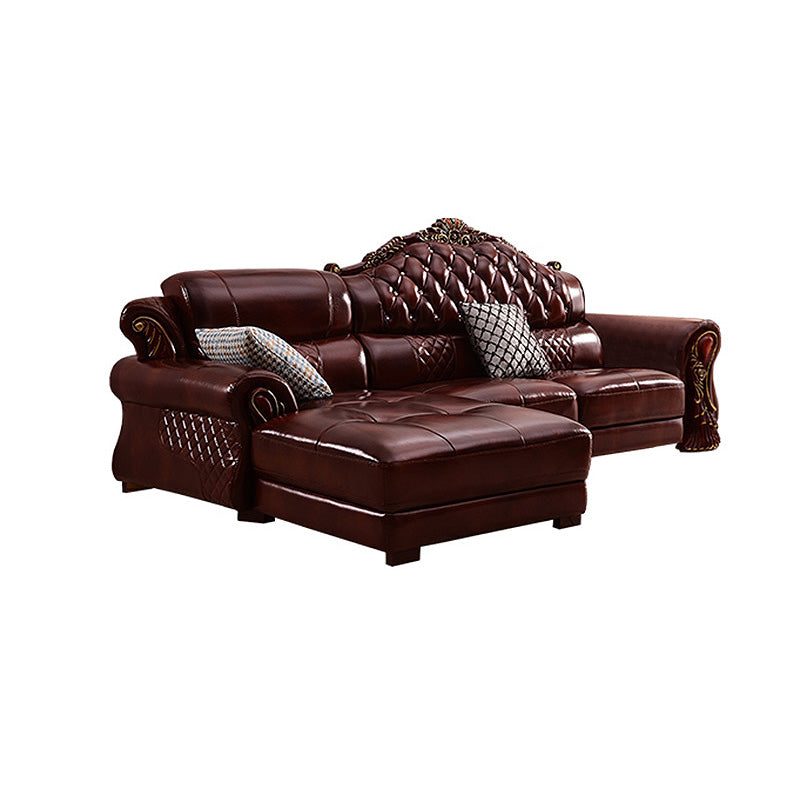 Genuine Leather Rolled Arm Sectional 36.22"High Camel Back Sofa, Dark Brown