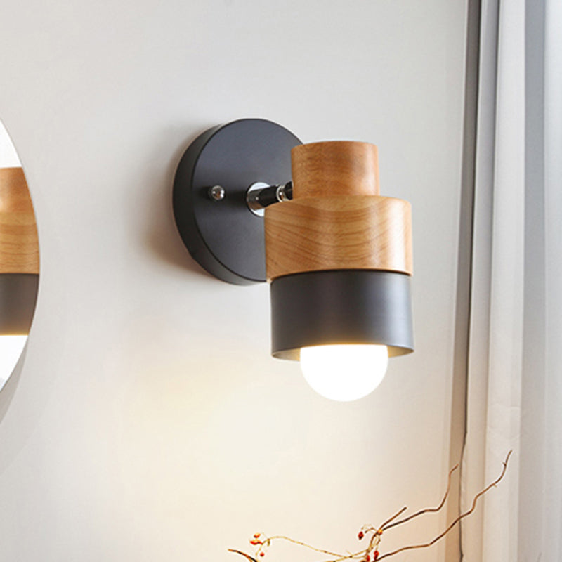 1 Light Rotatable Wall Sconce Lighting Modern Cylinder Metal and Wood Wall Mount Light in Black/white