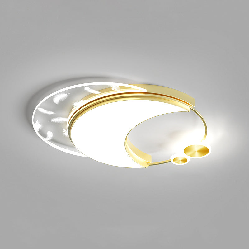 Moon Shape Feather LED Ceiling Lamp Modern Iron 3 Lights Flush Mount for Study Bedroom