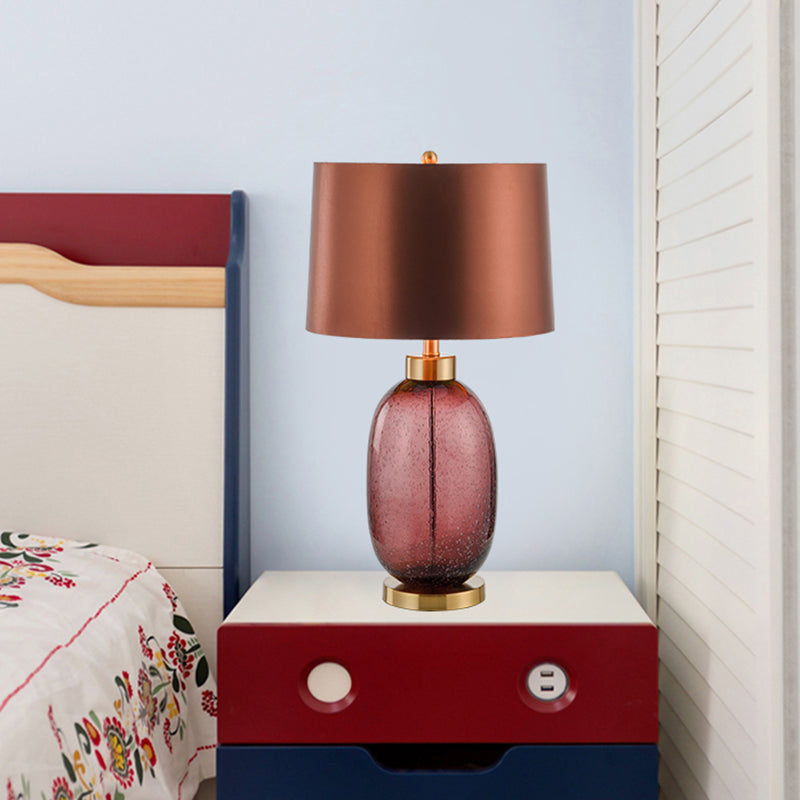 Barrel Shape Desk Light Fabric contemporain 1 lampe de table de nuit de l'ampoule en marron avec une base de cristal glacé oblongue