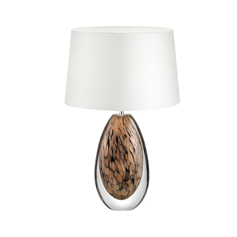1 Head Tapered Table Lamp Modernist Fabric Desk Light in White with Teardrop Brown Glazed Crystal Base