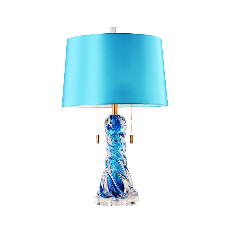 2 Heads Conical Task Lighting Modern Fabric Nightstand Lamp in Blue with Pull Chain