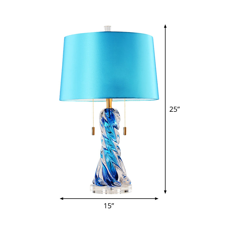 2 Heads Conical Task Lighting Modern Fabric Nightstand Lamp in Blue with Pull Chain