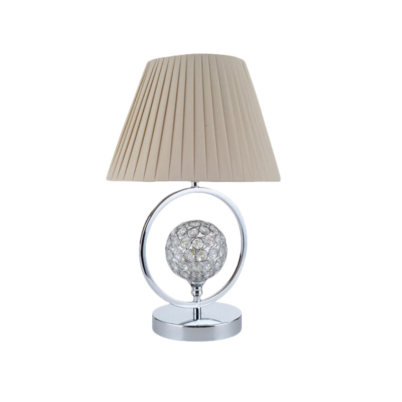 Pleated Fabric Table Light Contemporary 1 Head Beige Reading Lamp with Crystal Bead