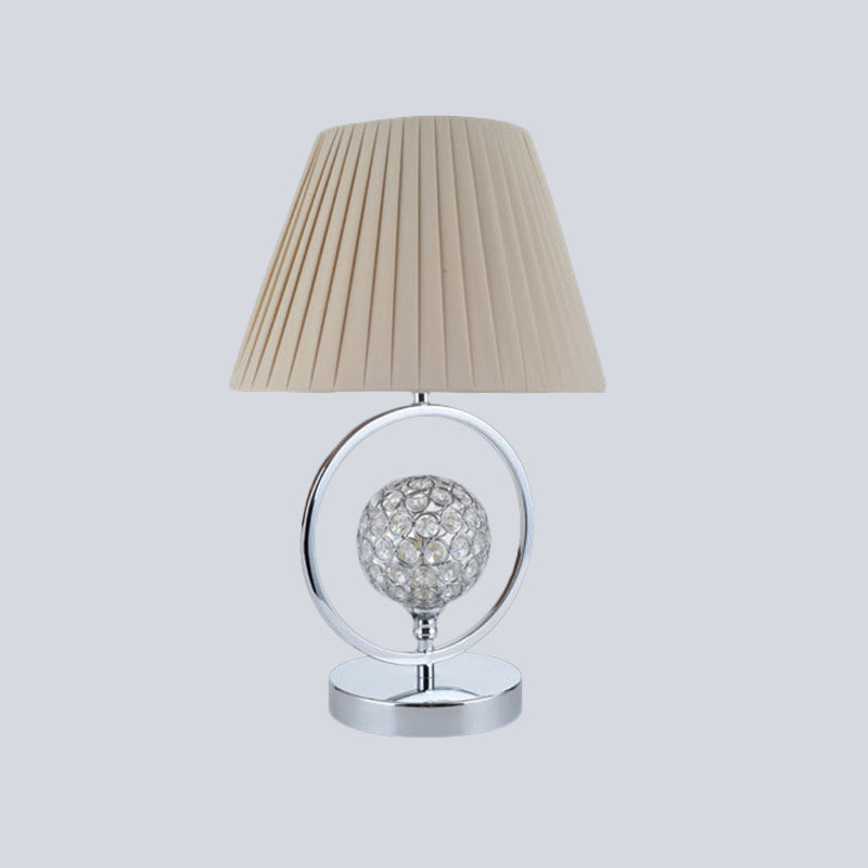 Pleated Fabric Table Light Contemporary 1 Head Beige Reading Lamp with Crystal Bead