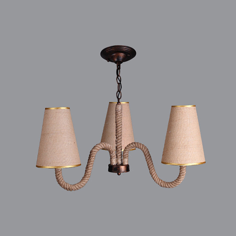 Beige 3/5/8 Heads Ceiling Chandelier Antiqued Rope Curved Arm Hanging Light Fixture with Cone Fabric Shade