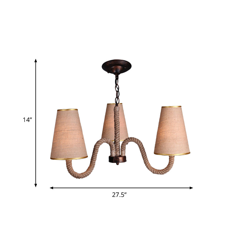 Beige 3/5/8 Heads Ceiling Chandelier Antiqued Rope Curved Arm Hanging Light Fixture with Cone Fabric Shade