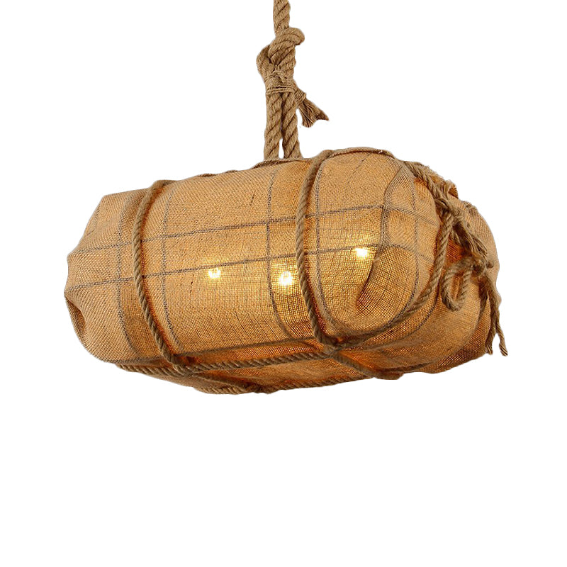 Rope Explosive Package Pendant Countryside 3 Bulbs Restaurant Fabric Chandelier Light in Beige