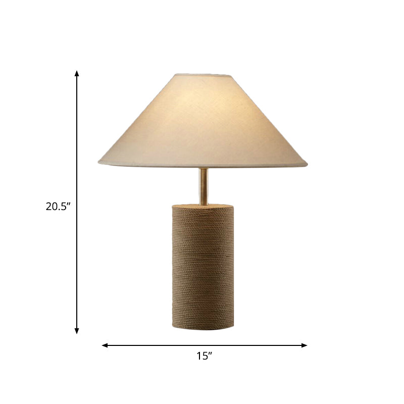 1 Light Trapezoid Table Lighting Farmhouse White Fabric Nightstand Lamp with Cylinder Rope Base