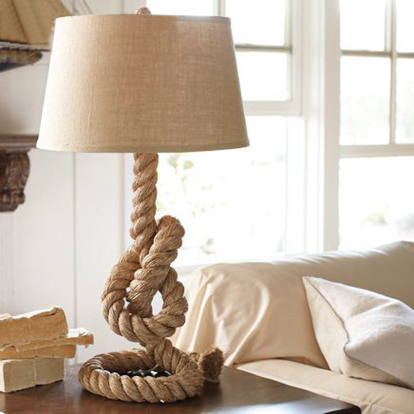 Fabric White Desk Light Barrel 1 Head Industrial Night Table Lamp with Coarse Knots Rope Base for Living Room