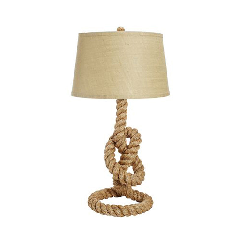 Fabric White Desk Light Barrel 1 Head Industrial Night Table Lamp with Coarse Knots Rope Base for Living Room