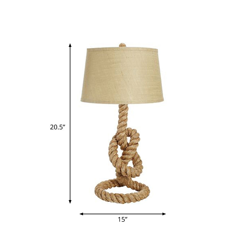 Fabric White Desk Light Barrel 1 Head Industrial Night Table Lamp with Coarse Knots Rope Base for Living Room