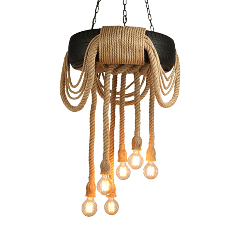 6 Lights Bare Bulb Pendant Chandelier Industrial Beige Rope Ceiling Lamp with Tyre Design