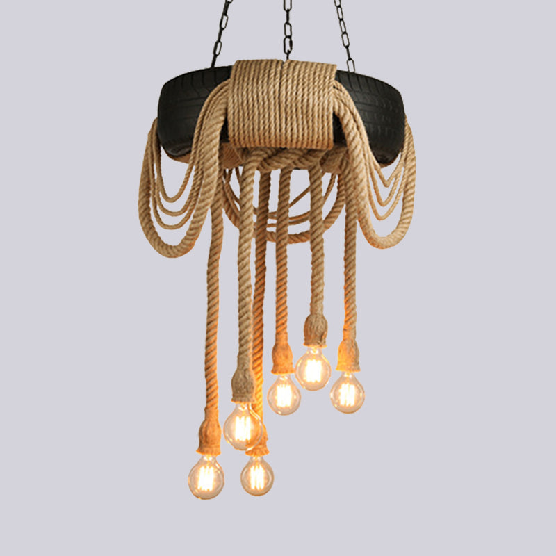 6 Lights Bare Bulb Pendant Chandelier Industrial Beige Rope Ceiling Lamp with Tyre Design