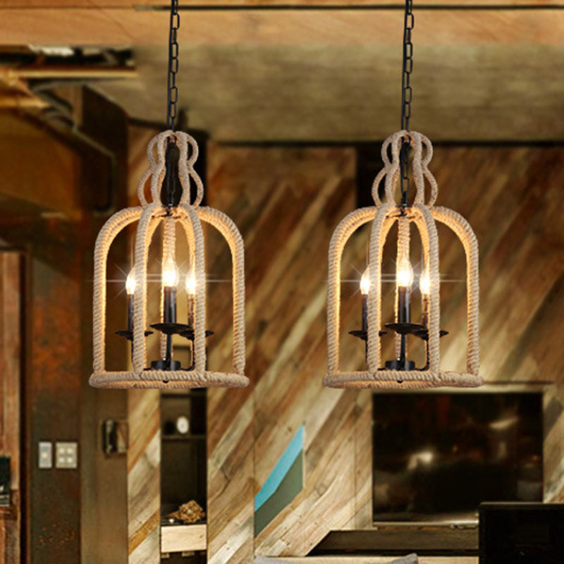 Beige 3 Heads Chandelier Light Industrial Rope Bird Cage Ceiling Pendant Lamp for Coffee Shop
