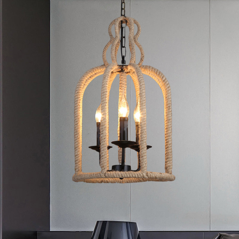 Beige 3 Heads Chandelier Light Industrial Rope Bird Cage Ceiling Pendant Lamp for Coffee Shop