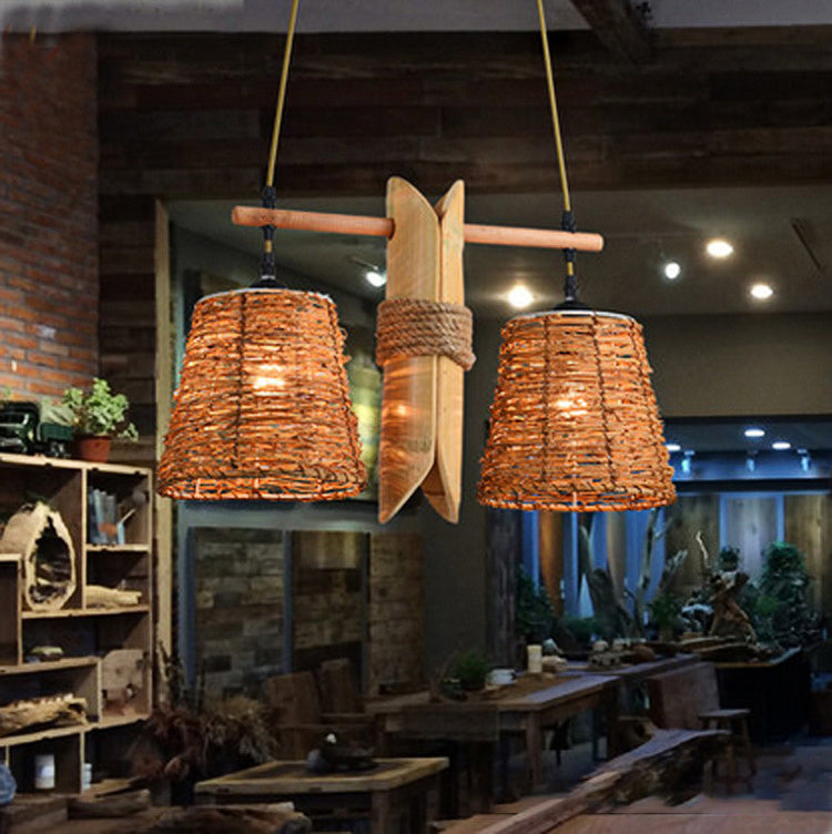 Rope Barrel Hanging Chandelier Farmhouse 2 Lights Restaurant Pendant Lamp in Beige with Bamboo Panel Deco